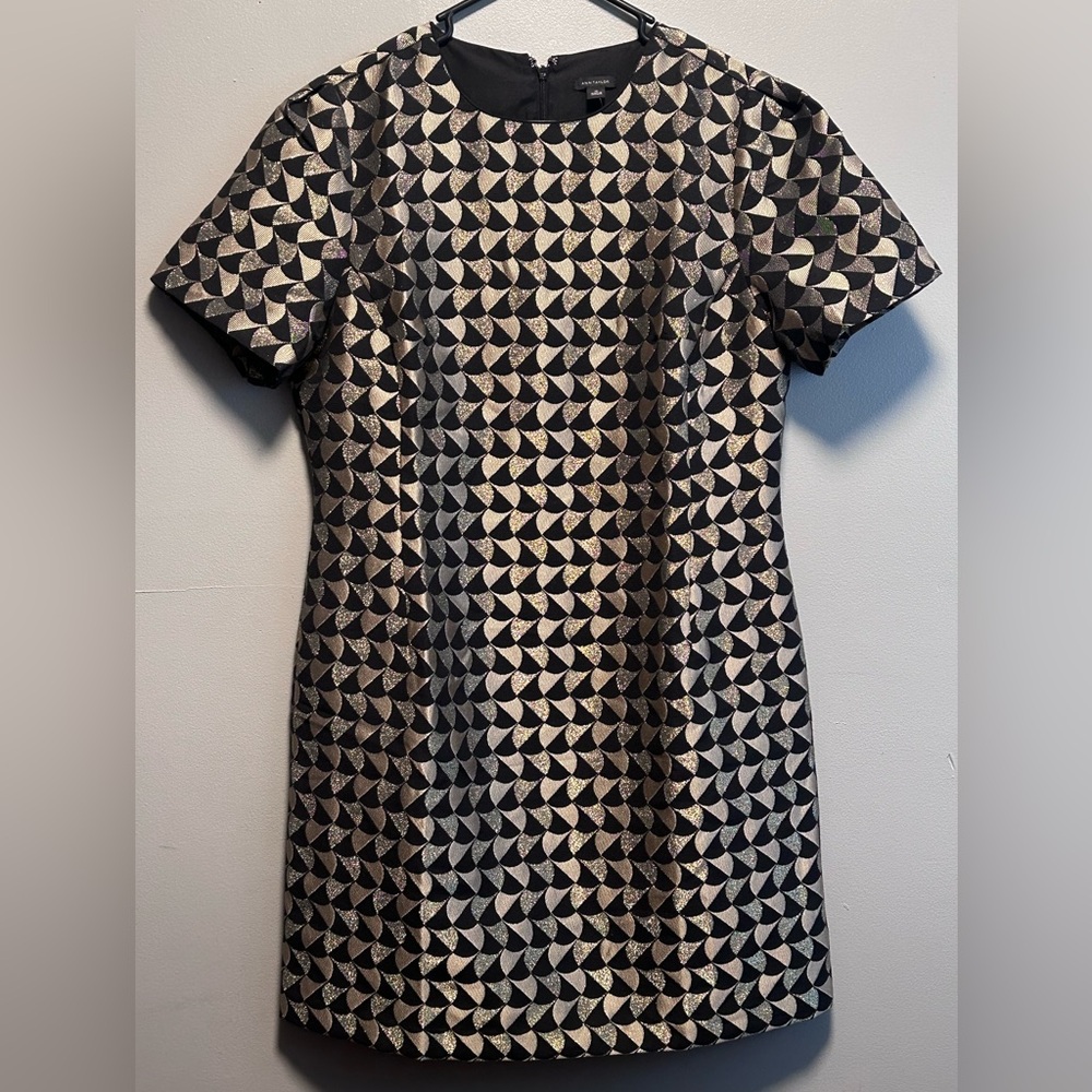 Ann Taylor Classic Geo Jacquard Flare Dress Black/Gold Size 14 - Picture 2 of 15